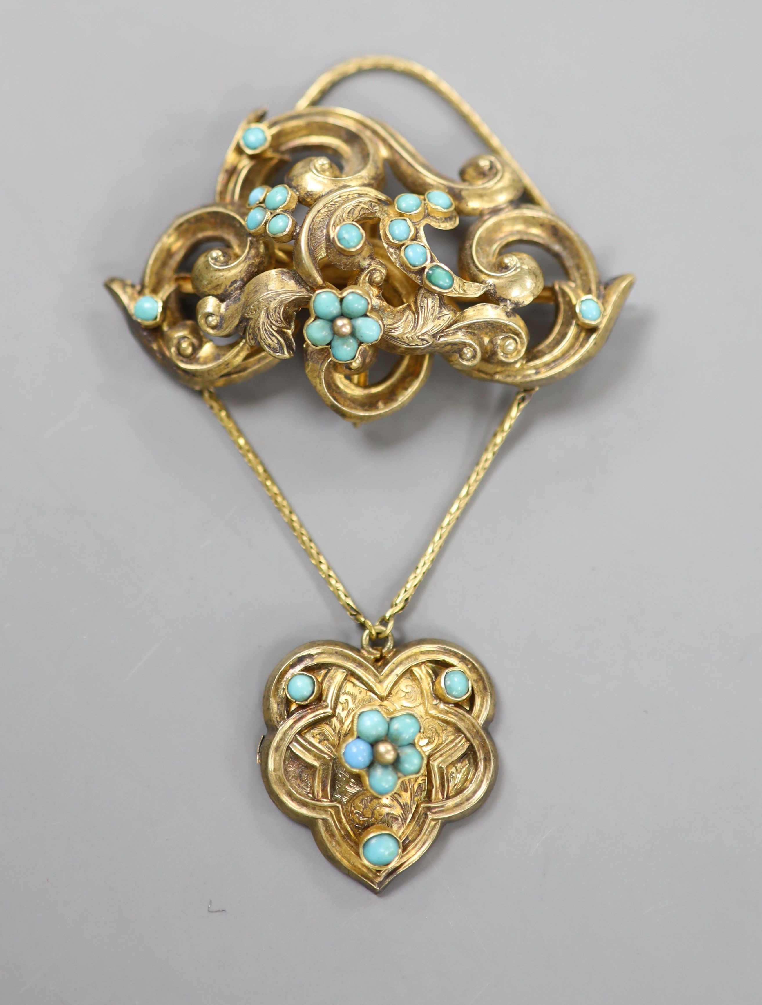 A Victorian pinchbeck and turquoise set drop brooch, 78mm.